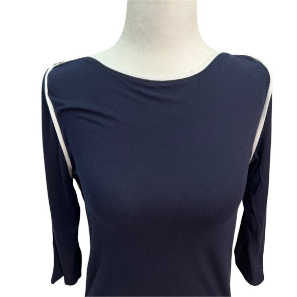 𝅺TAHARI Elements Black Top Blouse White Piping 3/4 Sleeves Size S - Picture 3 of 10